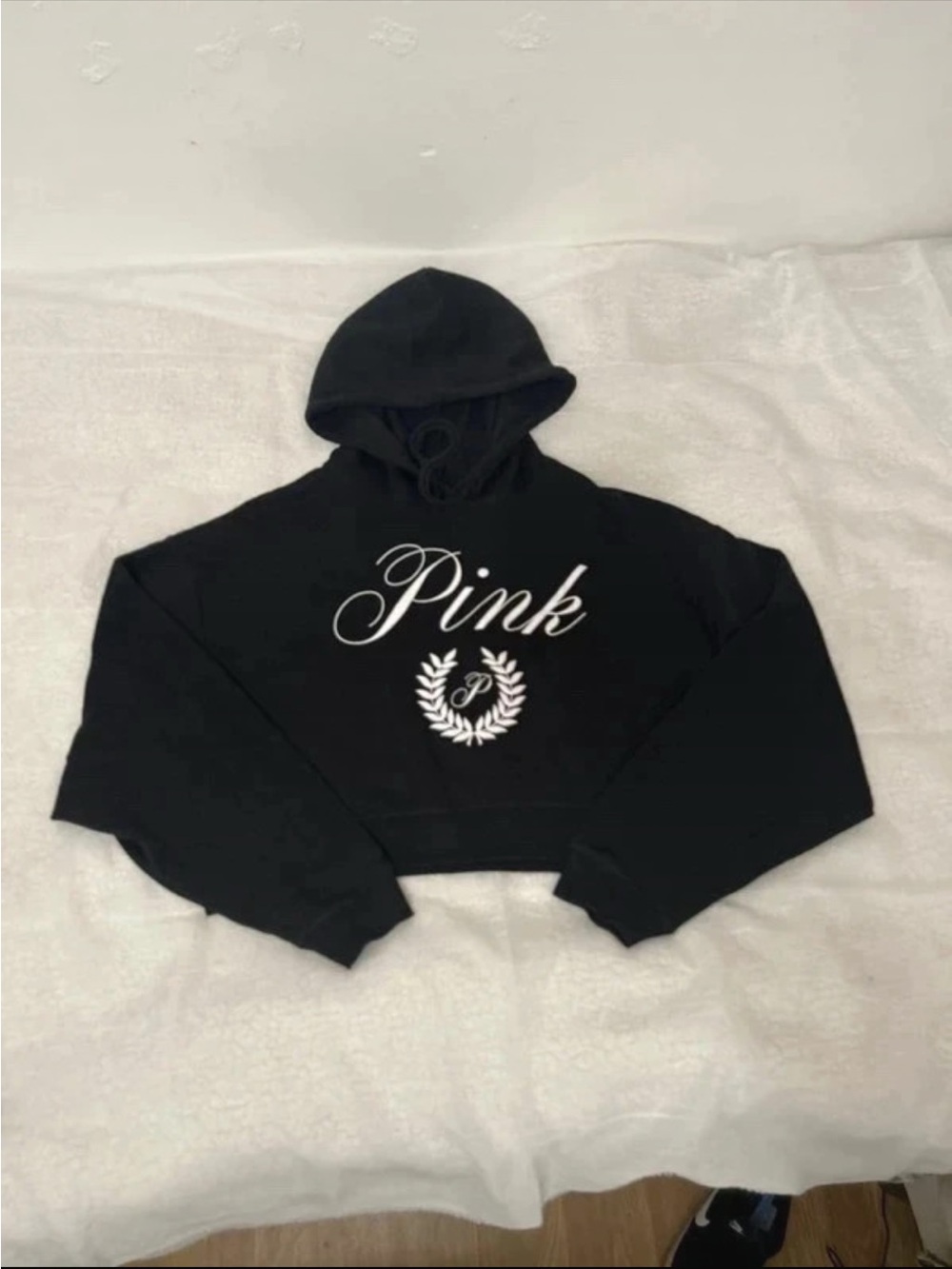 PINK Victoria's Secret Black Cropped Hoodie with White Script